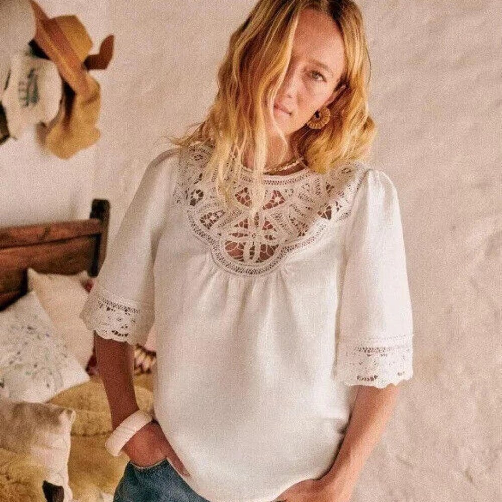 Sezane Milani Blouse Top Floral Crochet Lace Ecru Organic Cotton Solid L 273198